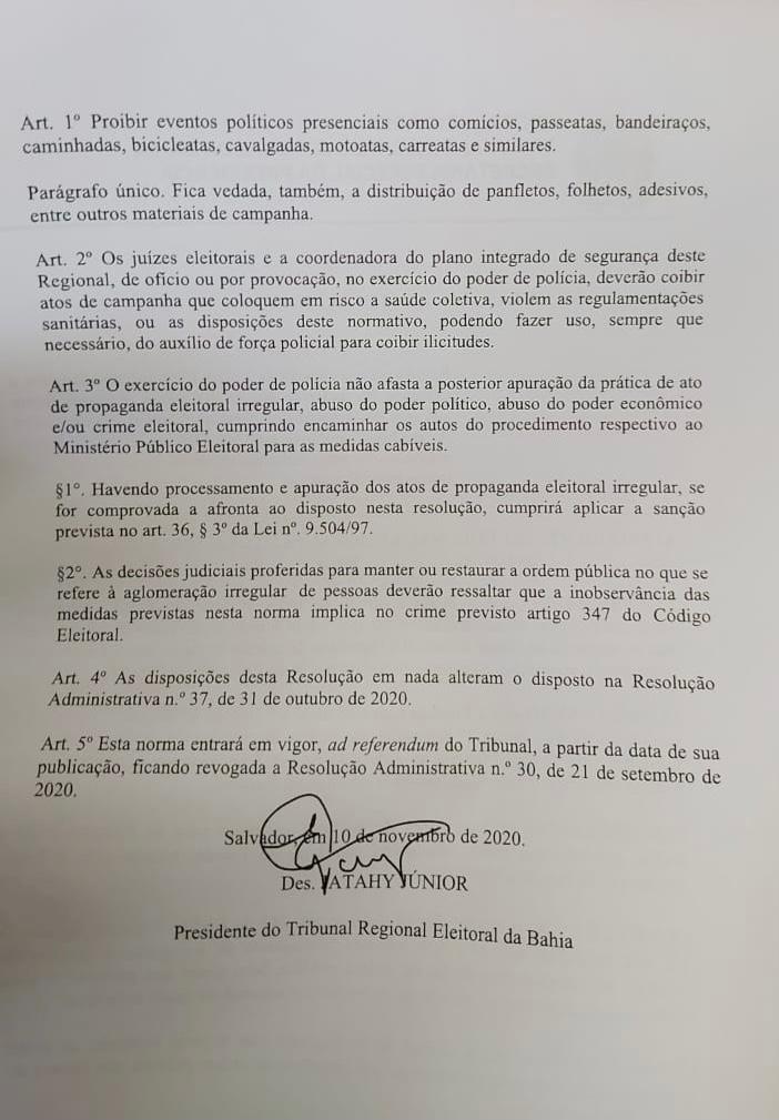 Imagem da Resolução 38-2020, do TRE-Ba, da tarde desta terçã-feira, válida para todo o Estado da Bahia - Reprodução