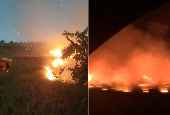 Incêndio atingiu a Via Cascalheira durante o dia e o outro, de proporções maiores, foi filmado à noite, na rotatória da Ford, no Polo Industrial (Foto: Montagem | Redação CFF)