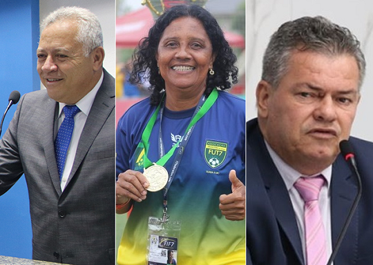 Vereador reeleito, Jorge Curvelo (DEM); desportista premiada nacional e internacionalmente, Dilma Mendes e o ex-vereador Zé do Pão (CIDADANIA) (Foto: Montagem | Redação CFF)