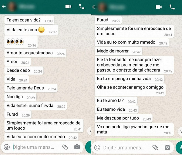 Jovem mandou mensagem ao namorado contando que foi sequestrada (Foto: Reprodução)