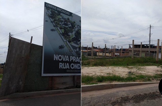 No lugar onde deveria existir a Praça da Rua Ondina, no Verde Horizonte, existem apenas alguns piquetes de madeira cercados por uma uma estrutura baixa de concreto e muito mato (Foto: Montagem | Redação CFF)