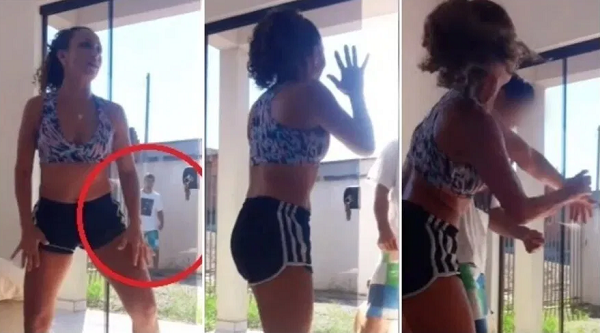 Angela Gonçalves foi surpreendida por um intruso em sua própria casa enquanto gravava vídeo de aula de dança (Foto: Reprodução)