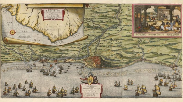Olinda, então cidade mais rica do Brasil Colônia, foi saqueada e destruída pelos holandeses, que escolheram Recife como a capital da Nova Holanda. O mapa de Nicolaes Visscher mostra o cerco a Olinda e Recife em 1630 (Foto: Reprodução)