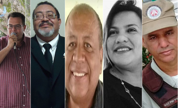 Roquenei Cabeceira, Dr. Ubiramar Araújo, Professor Leônidas Pimenta dos Santos, a ativista política Joseane Oliveira e o policial militar Sargento Pimentel, todos vítimas da covid-19 no município (Foto: Montagem | Redação CFF)