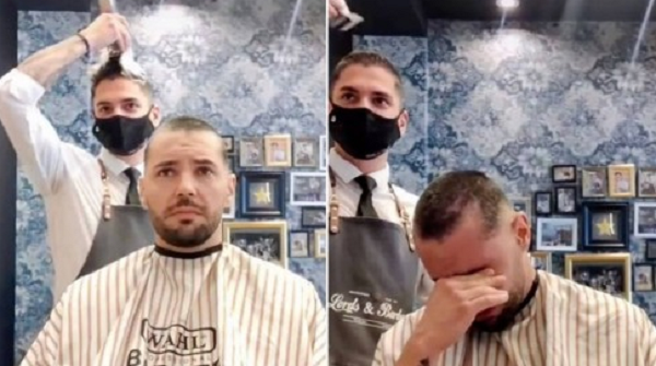 Neftali emocionado após conceber o gesto solidário do amigo (Foto: Reprodução/TikTok/@neftabarber)