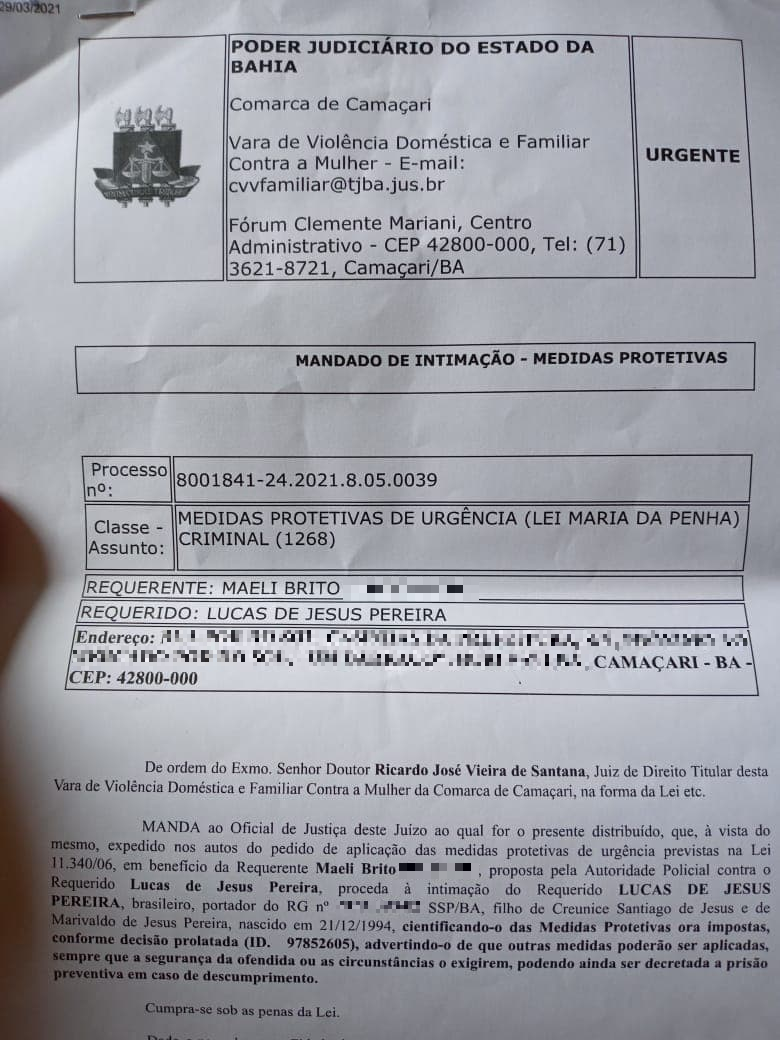 Medida protetiva, impetrada contra ele por Maeli, com acusações de agressão (Foto: Cedida)