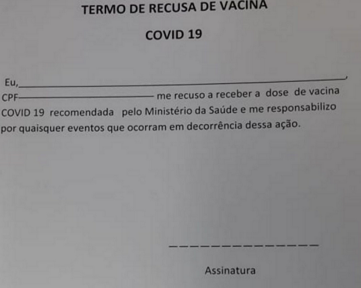Termo é assinado por todas as pessoas que decidem não tomar o imunizante (Foto: Reprodução)