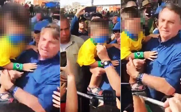Bolsonaro pede para menina retirar a máscara e abaixa a proteção de um menino (Foto: Reprodução)