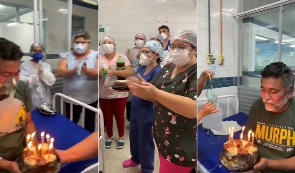 Mulher incentiva um paciente com covid-19 a soprar as velas acesas sobre um bolo de aniversário, que logo em seguida seria consumido por várias outras pessoas (Foto: Print/Vídeo)
