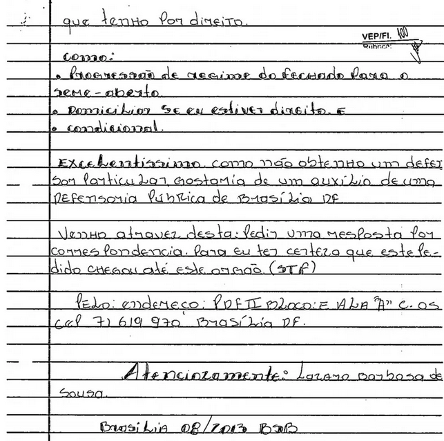 Carta escrita por Lázaro Barbosa e enviada ao STF pedindo concessão de regime semiaberto (Foto: Reprodução) 
