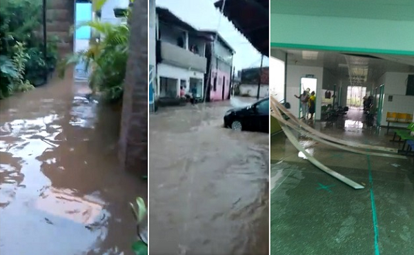 Moradores do Nova Brasília e dos 46, mostram as ruas e as casas alagadas, móveis perdidos, e carros com água invadindo (registro feito em novembro de 2020); UBS do Gravatá durrante 'fortes chuvas' (registro feito em abril de 2021) (Foto: Montagem | Redação CFF)
