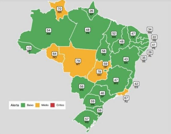 Mapa da Fiocruz mostra taxa de ocupação de leitos UTI por estados (Foto: Fiocruz)