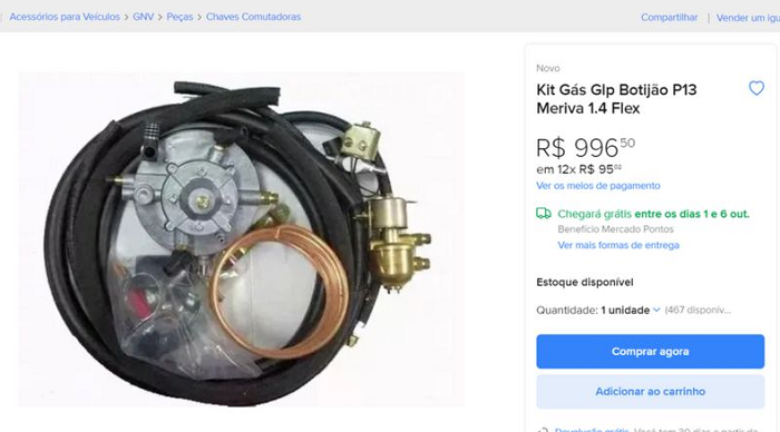 Kit para conversão clandestina de automóvel para GLP à venda no Mercado Livre (Foto: Reprodução)