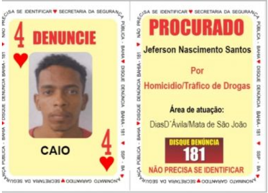 Jeferson Nascimento Santos, identificado como o “4 de Copas” do Baralho do Crime da Secretaria da Segurança Pública (SSP-BA)(Foto: Divulgação/SSP-BA)