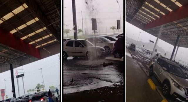Parte da estrutura do telhado do supermercado Atacadão desabou diante da forte chuva (Foto: Reprodução)