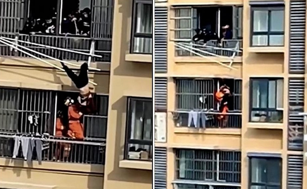 Idosa de 82 anos ficou pendurada de cabeça para baixo após acidentalmente cair da varanda do 18º andar (Foto: Reprodução)