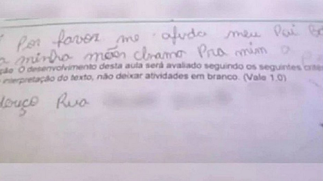 Aluno de 8 anos usou sua avaliação escolar para fazer um pedido de socorro à professora (Foto: Reprodução