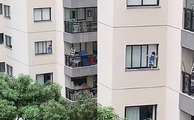 Nas imagens, é possível ver o menino andando na parte externa enquanto se segura na moldura da janela (Foto: Reprodução)