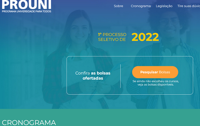 As inscrições para o Prouni 2022.1 poderão ser feitas entre os dias 22 e 25 de fevereiro (Foto: Print/Portal ProUni)