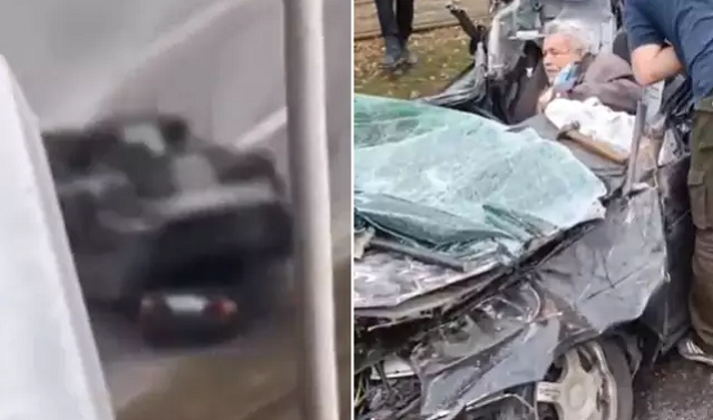 Condutor do veículo sobreviveu mesmo após um tanque de guerra ter passado por cima de seu carro (Foto: Reprodução)