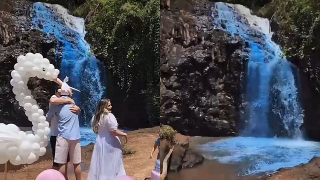 Para divulgar o sexo do bebê, os pais decidiram tingir a cachoeira do rio Queima-Pé, no município de Tangará da Serra, de azul (Foto: Reprodução)