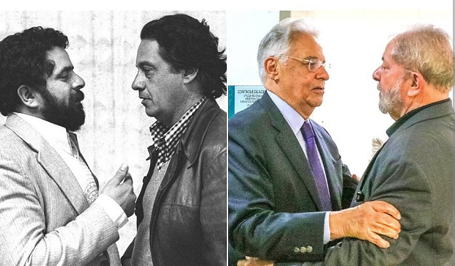 FHC com o ex-presidente Lula, na época em que disputavam eleições um contra o outro, e uma atual, de quando se encontraram no ano passado (Foto: Divulgação)
