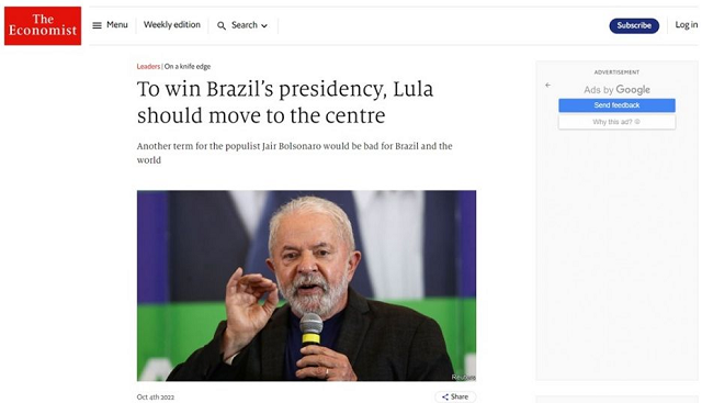 Texto diz ainda que Lula só conseguirá vencer Bolsonaro e interromper sua escalada autoritária (Foto: The Economist)