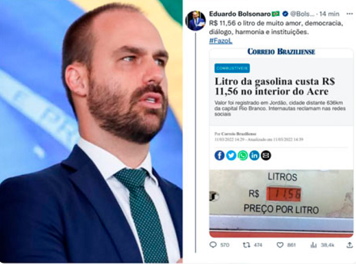 Eduardo Bolsonaro criticou preço dos combustíveis utilizando informação da época que seu pai era presidente (Foto: Reprodução/Twitter)