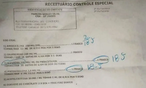 Médico receita sorvete e jogo 'Free Fire' para criança com sintomas gripais (Foto: Reprodução)