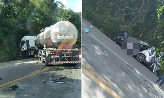 Imagens do acidente mostram a carreta atravessada na pista e o carro totalmente destruído (Foto: Reprodução/Redes sociais)