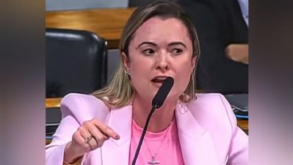 Deputada bolsonarista Júlia Zanatta, no melhor estilo 'de onde saiu isso' e esgoelando-se em estado pleno de desequilíbrio, protagonizou a cena mais bizarra e constrangedora da sessão. Foto TV Senado