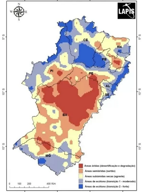 Mapa aponta áreas com avanço de aridez na região Nordeste e parte de MG (Foto: Lapis/Ufal)