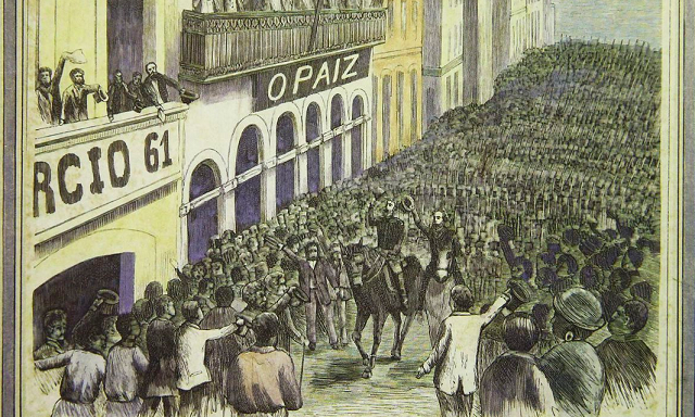 Proclamação da República: ovação popular ao General Deodoro da Fonseca e Bocayuva, na rua do ouvidor, Rio de Janeiro, 1889. Gravura segundo desenho de Veridiano de Carvalho (Foto: Acervo/Fundação Biblioteca Nacional)