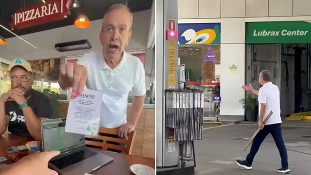 Comerciante inventou regra insólita para seu estabelecimento e tem verdadeira obsessão com o assunto. Jovem foi perseguido com madeira na frente de viatura da polícia (Foto: Redes sociais/Reprodução)