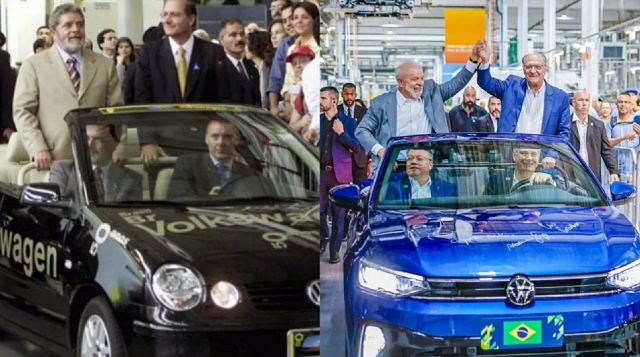 Lula e Alckmin desfilam de carro conversível na fábrica da Volkswagen (Foto: Ricardo Stuckert)