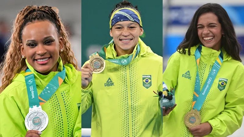 Entre os destaques brasileiros da primeira semana estão as estreias de Rebeca Andrade na ginástica artística, Rayssa Leal no skate street e Beatriz Ferreira no boxe - Martin BERNETTI - AFP; Raul ARBOLEDA - AFP; e Pablo VERA - AFP