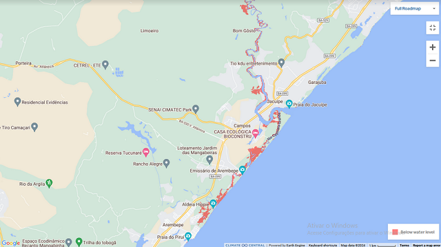 Região costeira de Camaçari corre o risco de ter várias áreas inundadas até 2050 devido à elevação do nível do mar (Foto: Reprodução)