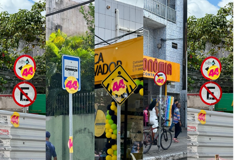 Além de ser uma prática ilegal eleitoral, a fixação dos adesivos por parte da coligação de Flávio Matos, também colocou a população em risco, visto que até mesmo placas de sinalização de trânsito foram adesivadas, impedindo a correta visualização das informações. Fotos: Bruno Cordeiro - Relata Bahia