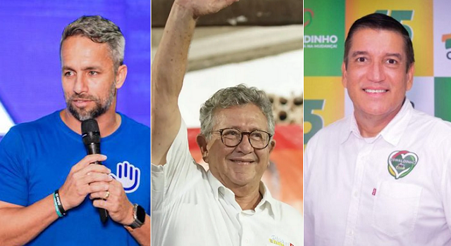 Candidatos a prefeito de Camaçari, Flávio Matos (União), Luiz Caetano (PT) e Oswaldinho Marcolino (MDB) (Foto: Montagem/Redação CFF)