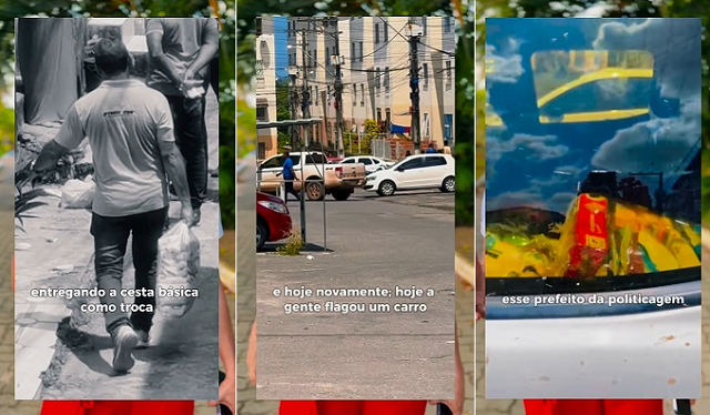 Flagrante de entrega de cestas-básicas; caminhonete plotada com o 13 estranhamente retirando material de campanha do candidato do PT das ruas (Foto: Print/Montagem/Redação CFF) 