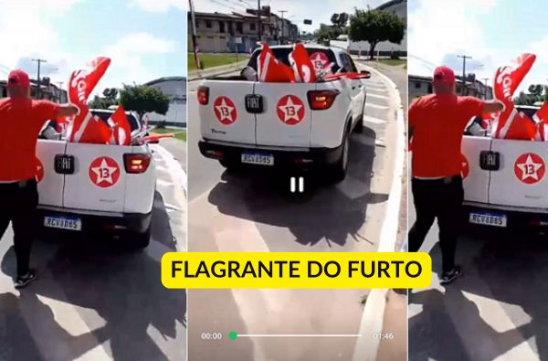 LADRÕES DISFARÇADOS - Nos últimos dias, enquanto o time vermelho continuou mostrando força nas ruas, quatro homens foram flagrados furtando material de campanha do comandante da agremiação vermelha, Luiz Caetano (PT) (Foto: Print/Montagem/Redação CFF)
