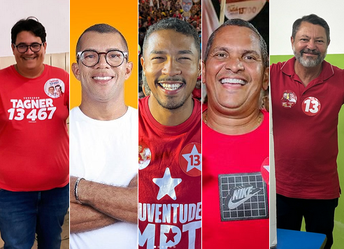Pelo PT, foram eleitos Tagner com 4.285 votos, Professor Márcio com 3.492 votos, Kaique Ara com 2.130 votos, Dentinho do Sindicato com 1.896 votos e Paulinho do Som com 1.860 votos (Foto: Montagem/Redação CFF)