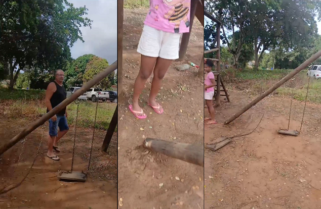 Balanço de uma praça inaugurada há pouco tempo pela Prefeitura de Camaçari desabou enquanto uma criança usava o brinquedo (Foto: Montagem/Vídeo)