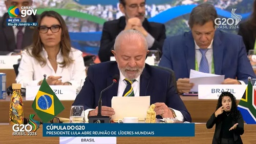 Presidente disse, discurso na abertura da cúpula do G20, no Rio de Janeiro, que objetivo central da presidência brasileira no G20 é o lançamento de uma aliança global contra a fome e a pobreza. Foto: Reprodução/Gov.br