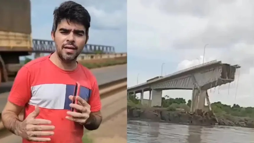 O vereador Ellas Cabral Júnior (Republicanos) gravava um vídeo denunciando a situação da ponte quando ela desabou - Divulgação