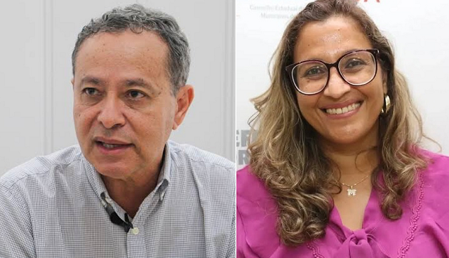 Antigo secretário da SESAU durante a gestão do ex-prefeito Antonio Elinaldo, vereador Elias Natan (PSDB) e a nova titular da pasta, Rosangela Almeida (Foto: Montagem/Redação CFF)