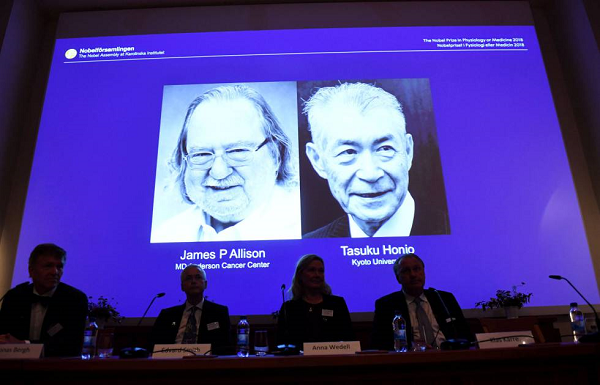 O prêmio Nobel de Medicina ou Fisiologia laureou os pesquisadores James P. Allison, dos Estados Unidos, e Tasuku Honjo, do Japão, pela descoberta de uma terapia contra o câncer por inibição da regulação imunológica negativa (Foto: Reprodução) O prêmio Nobel de Medicina ou Fisiologia laureou os pesquisadores James P. Allison, dos Estados Unidos, e Tasuku Honjo, do Japão, pela descoberta de uma terapia contra o câncer por inibição da regulação imunológica negativa (Foto: Reprodução)