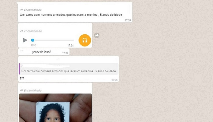 Em uma das mensagens uma voz de mulher afirma que ‘um carro com quatro palhaços parou na porta da casa e pegou uma menina de 5 anos (Foto: Reprodução) Em uma das mensagens uma voz de mulher afirma que ‘um carro com quatro palhaços parou na porta da casa e pegou uma menina de 5 anos (Foto: Reprodução)