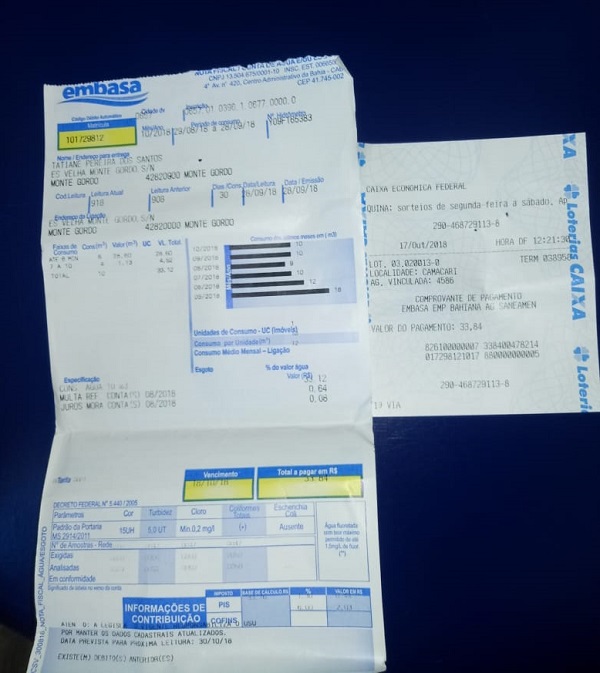 Comprovante da pontualidade no pagamento da conta da usuária para com a Embasa (Foto: Redação | CFF) Comprovante da pontualidade no pagamento da conta da usuária para com a Embasa (Foto: Redação | CFF)