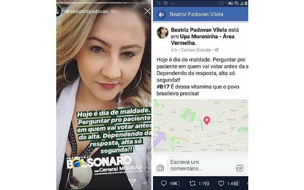 Em post no Facebook, a profissional deu a entender que não daria alta a quem não vota em Bolsonaro (Foto: Reprodução)